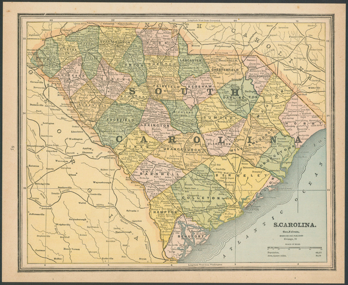 South Carolina, Cram's Atlas - Original Vintage Map