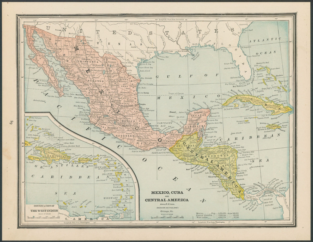 Mexico, Cuba, and Central America. Cram's Atlas - Original Vintage Map