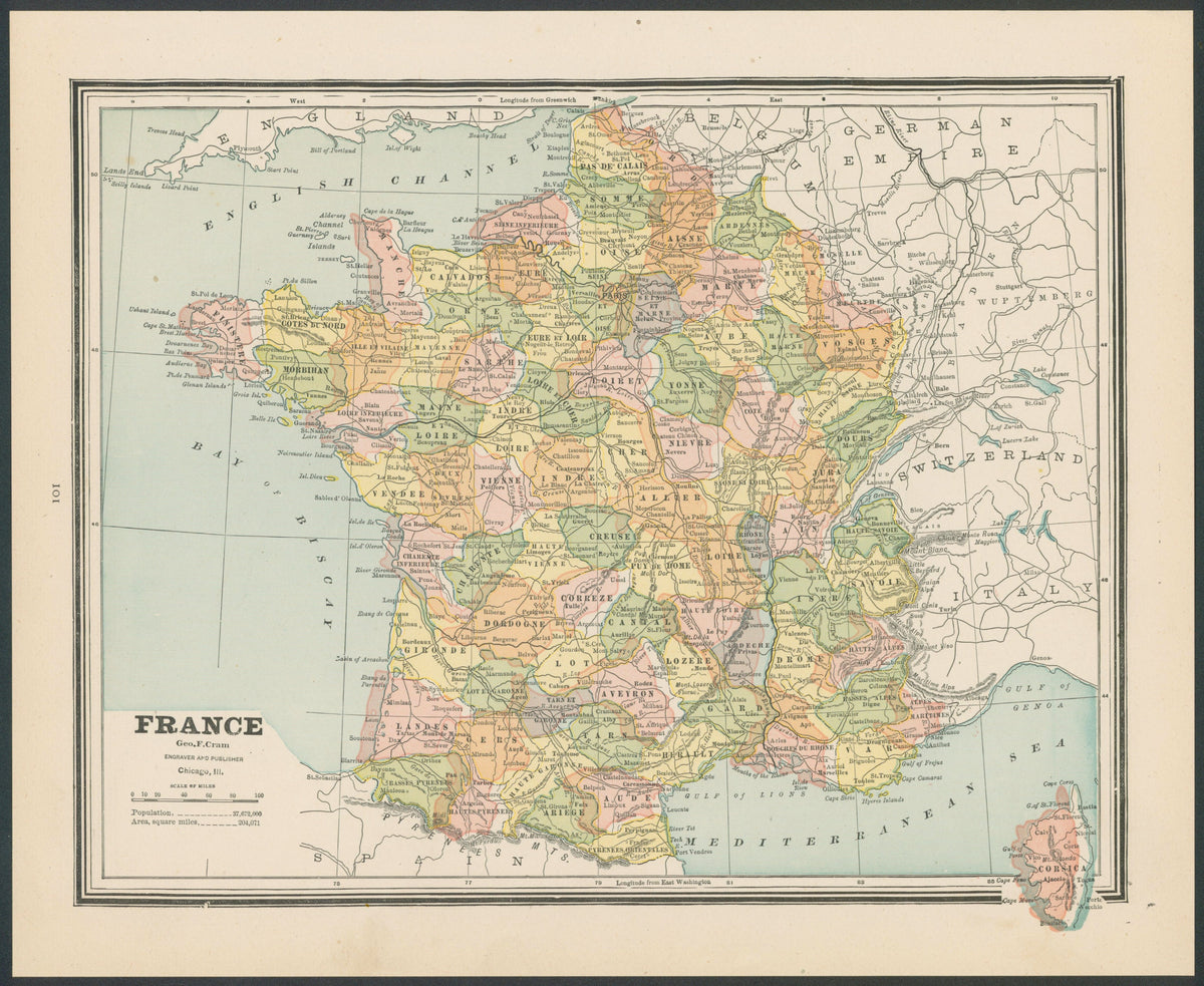 France, Cram's Atlas - Original Vintage Map