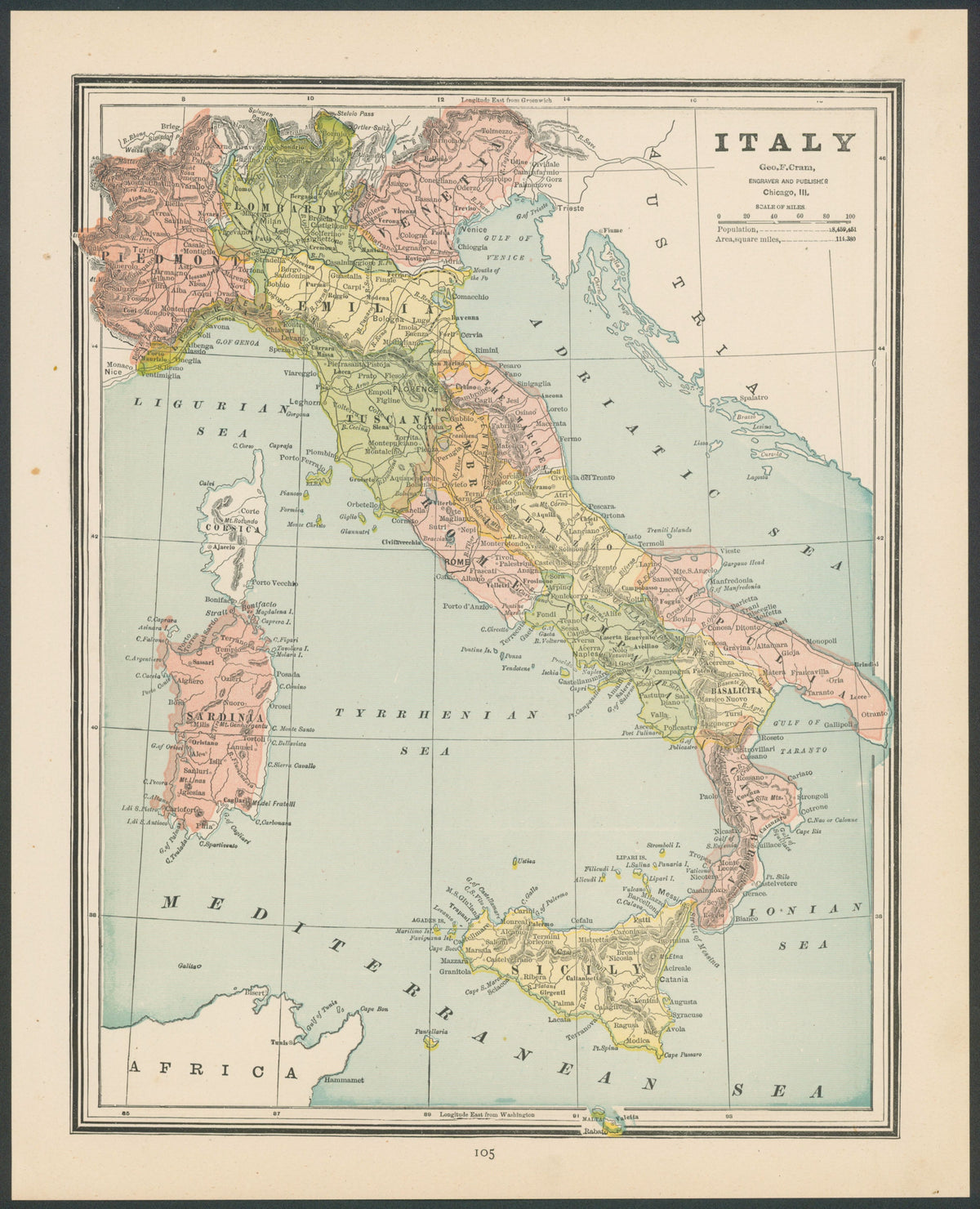 Italy, Cram's Atlas - Original Vintage Map