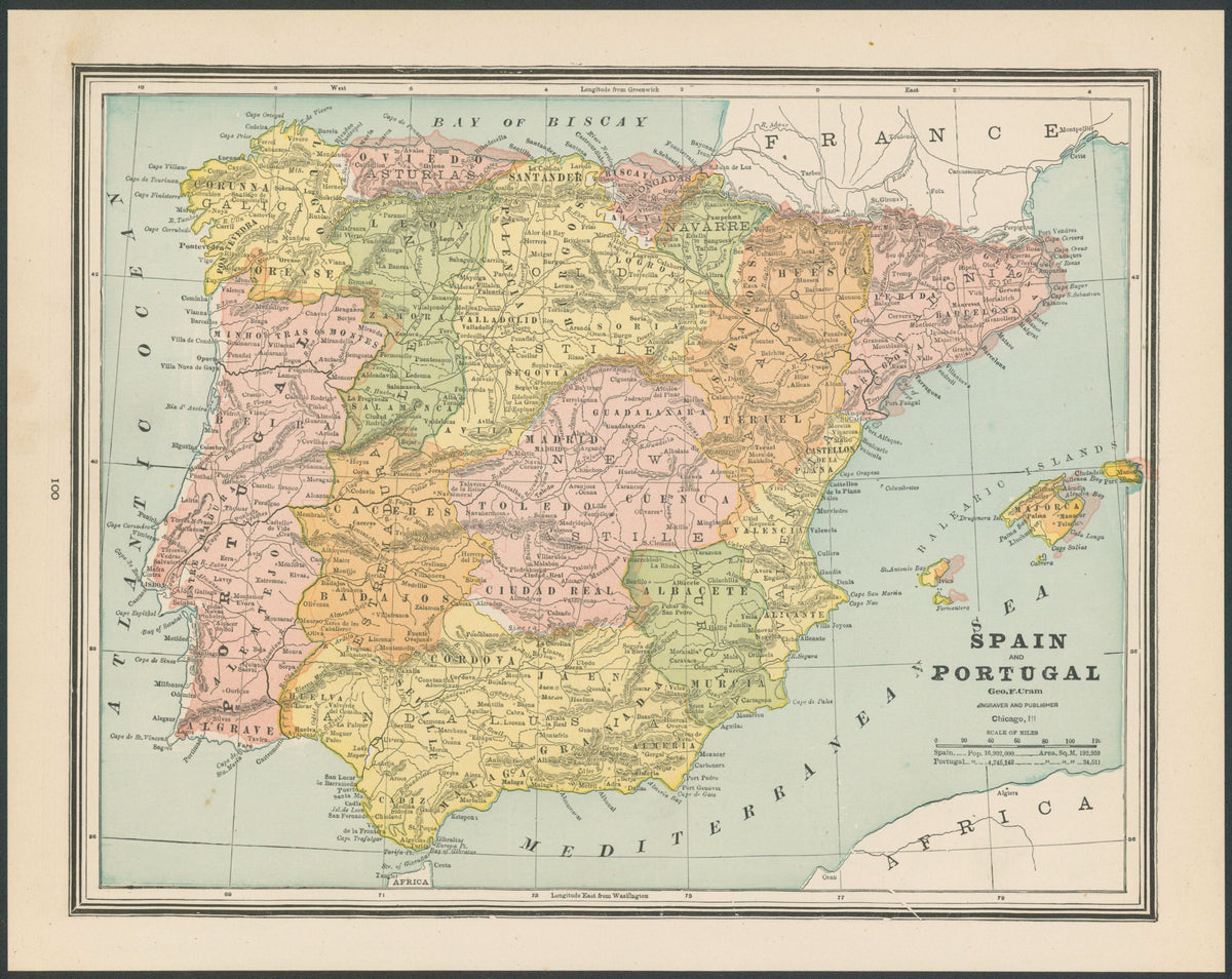 Spain and Portugal, Cram's Atlas - Original Vintage Map