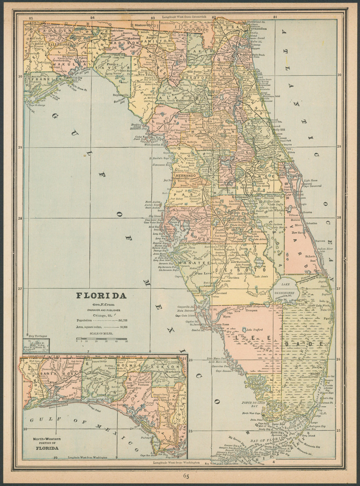 Florida, Cram's Atlas - Original Vintage Map