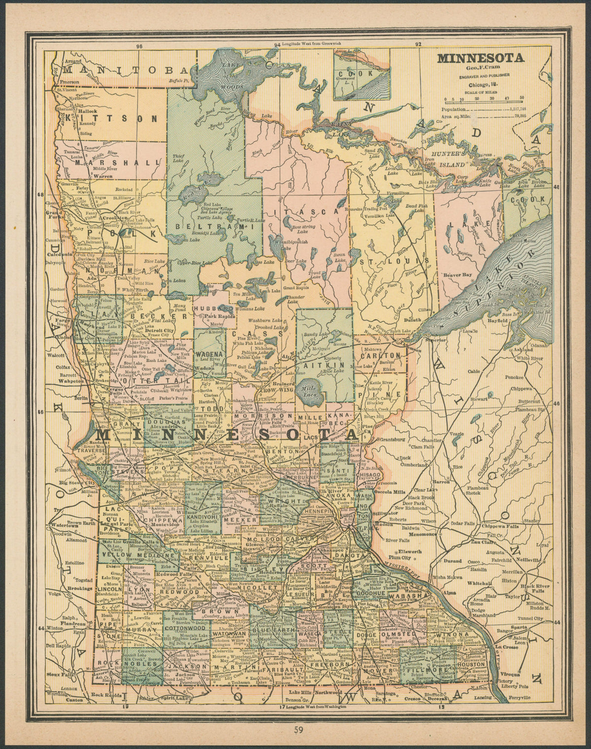 Minnesota, Cram's Atlas - Original Vintage Map