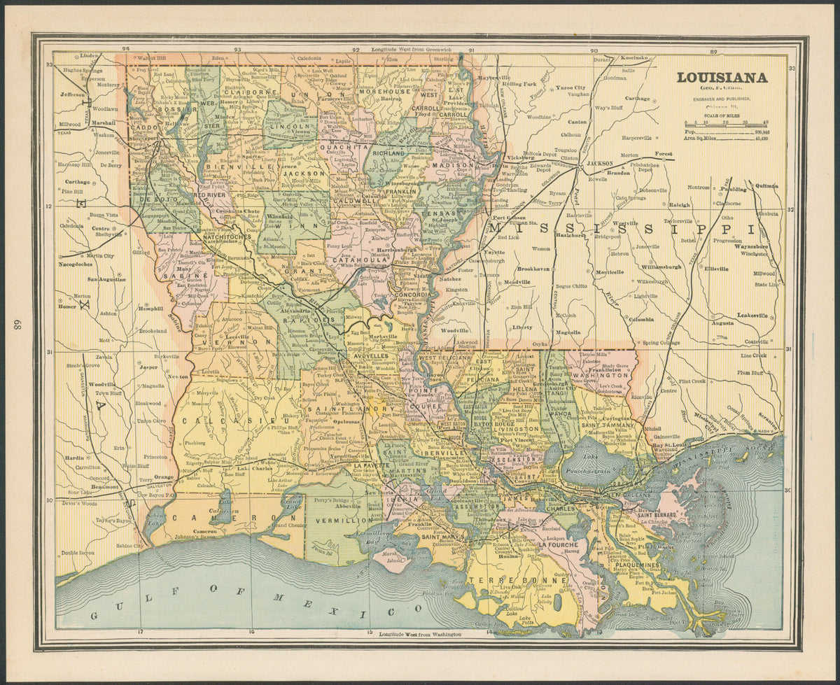 Louisiana, Cram's Atlas - Original Vintage Map