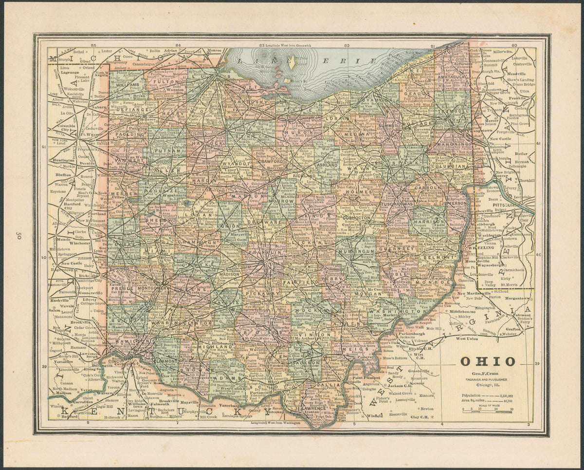 Ohio, Cram's Atlas - Original Vintage Map