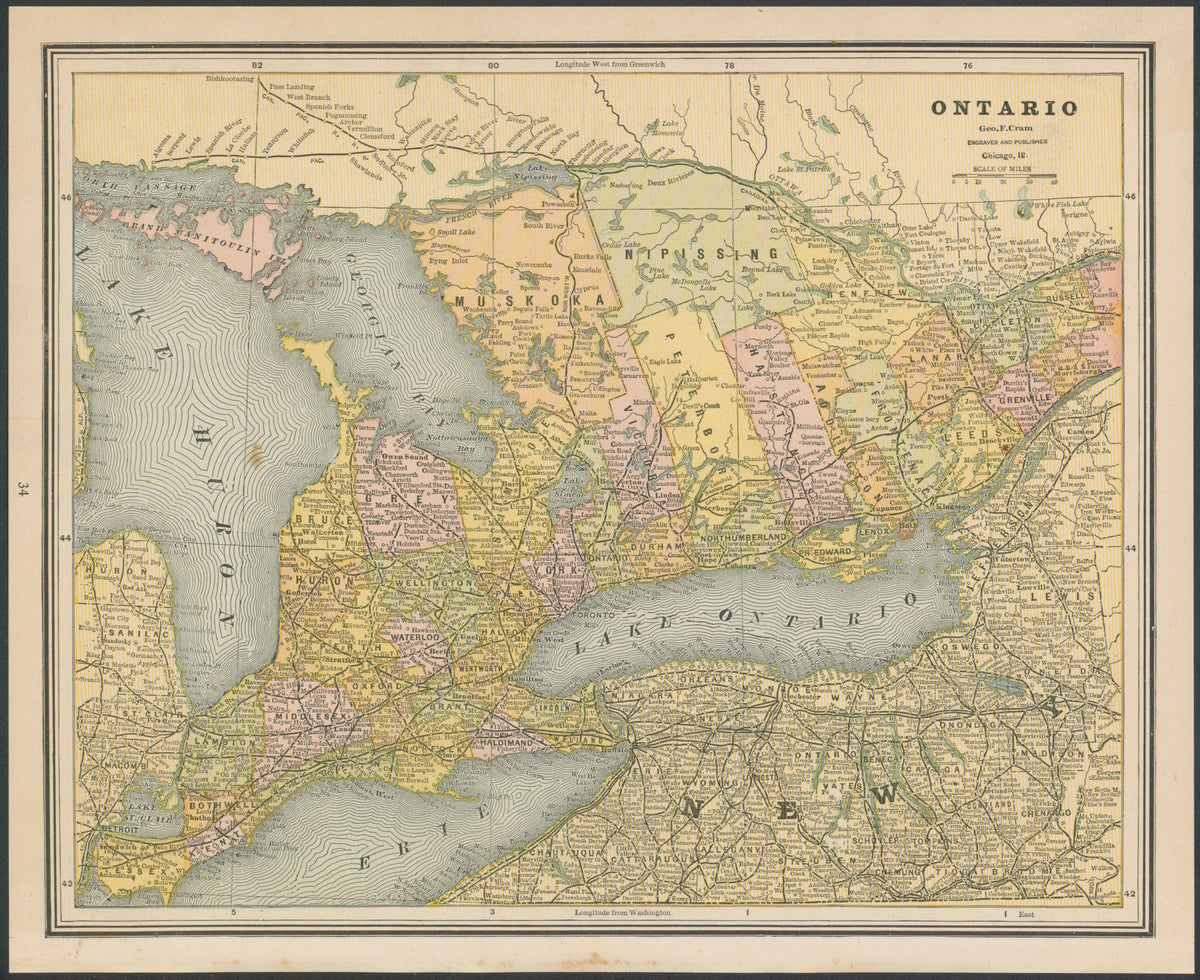 Ontario, Cram's Atlas - Original Vintage Map