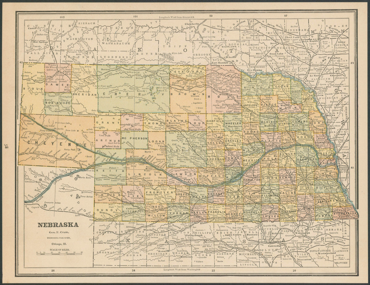 Nebraska, Cram's Atlas - Original Vintage Map