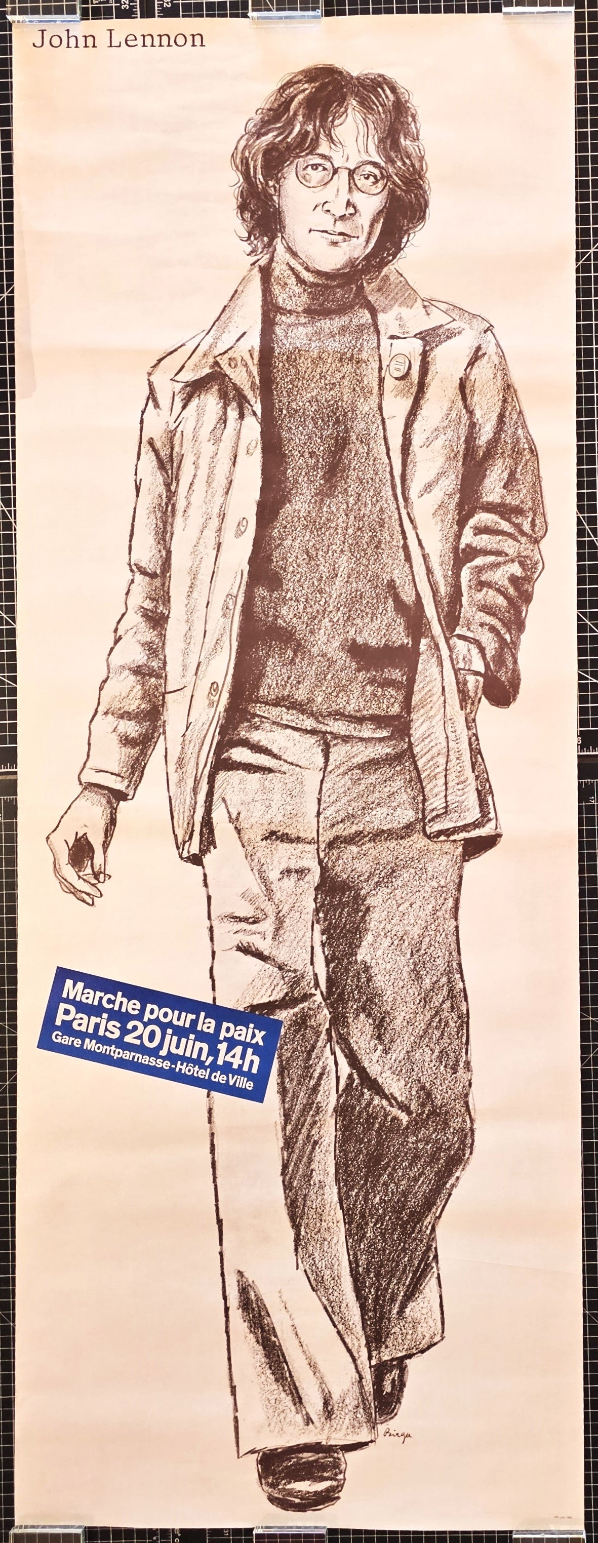 Vintage Poster of John Lennon by Sergio Birga Created for Peace March in Paris