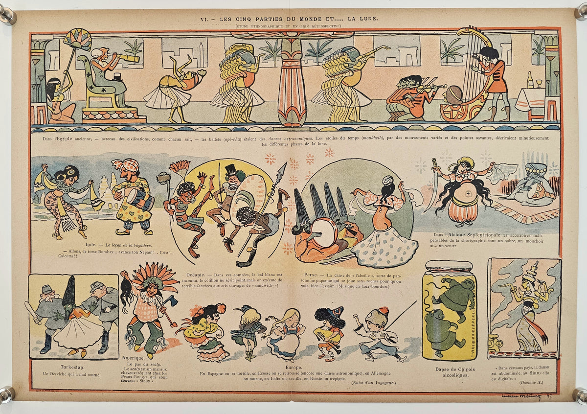 Five Parts of the World & The Moon - Original Vintage Illustration