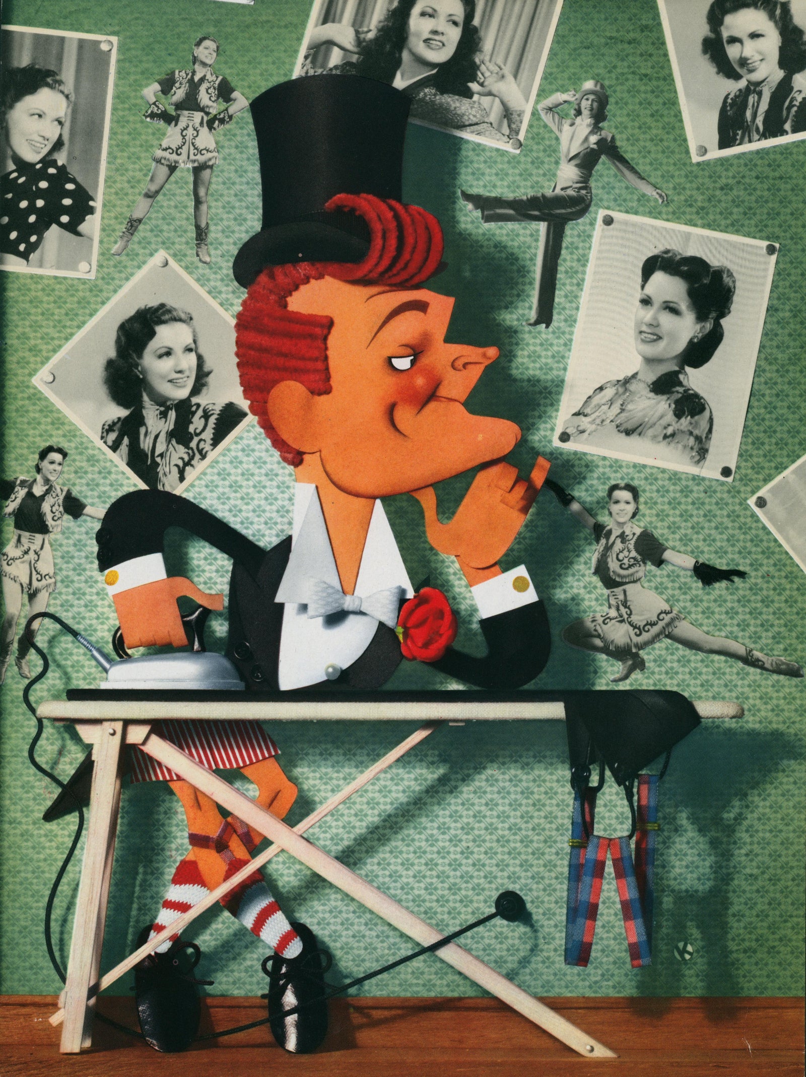In Trade Ad 3, a cartoon man in a tuxedo and top hat sits at an ironing board smirking, leg crossed. Black-and-white photos of smiling women on the green wall, plus red suspenders nearby, add vintage collectible charm to the scene.