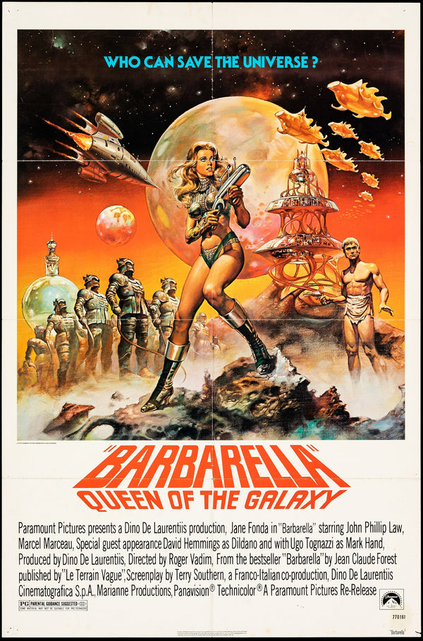 A vintage Barbarella Folded Poster (Paramount Reprint 1977) features a woman in futuristic armor with a weapon on rocky terrain, space city and planets behind her. Title reads "Barbarella: Queen of the Galaxy"; shows age-appropriate fading and toning.
