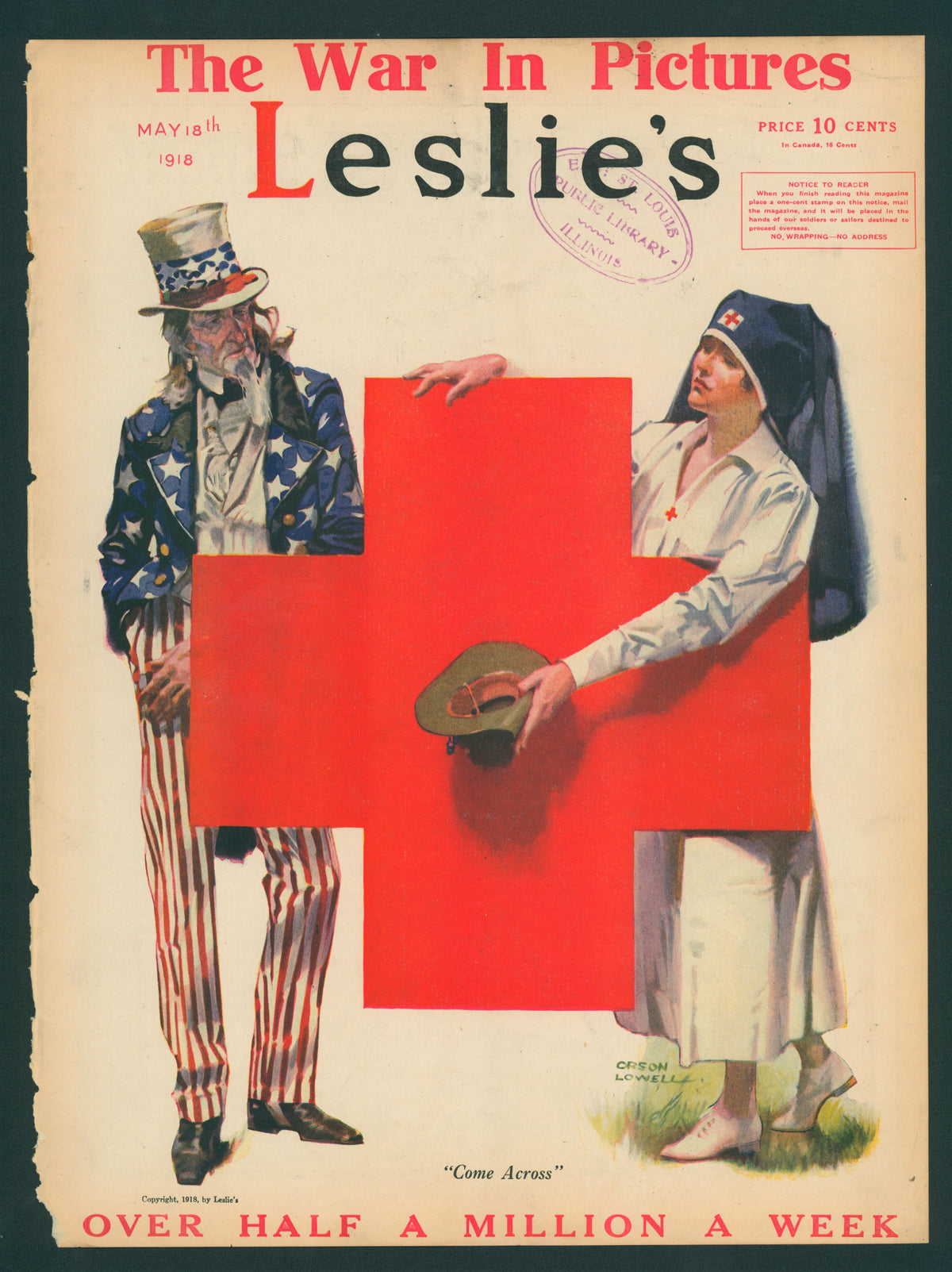 Uncle Sam, Red Cross- Leslie&#39;s Weekly - Authentic Vintage Antique Print