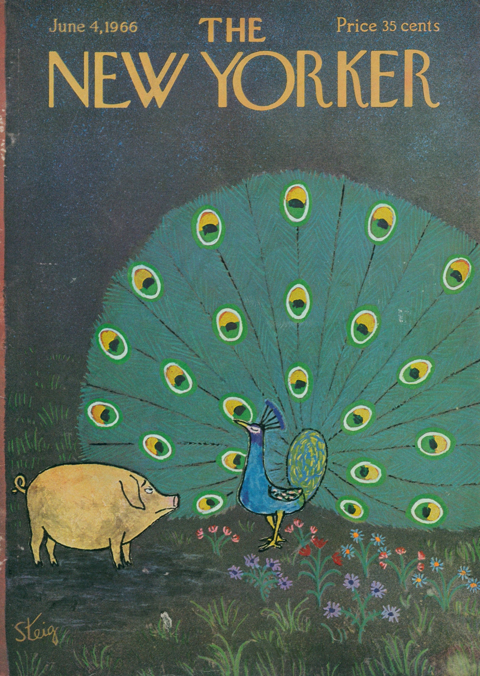 Peacock in the Garden- The New Yorker - Authentic Vintage Antique Print