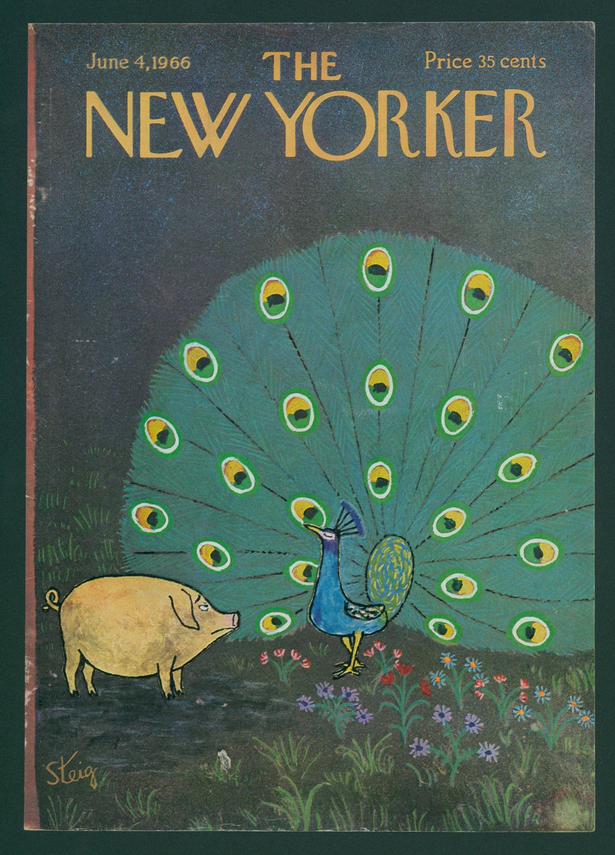 Peacock in the Garden- The New Yorker - Authentic Vintage Antique Print