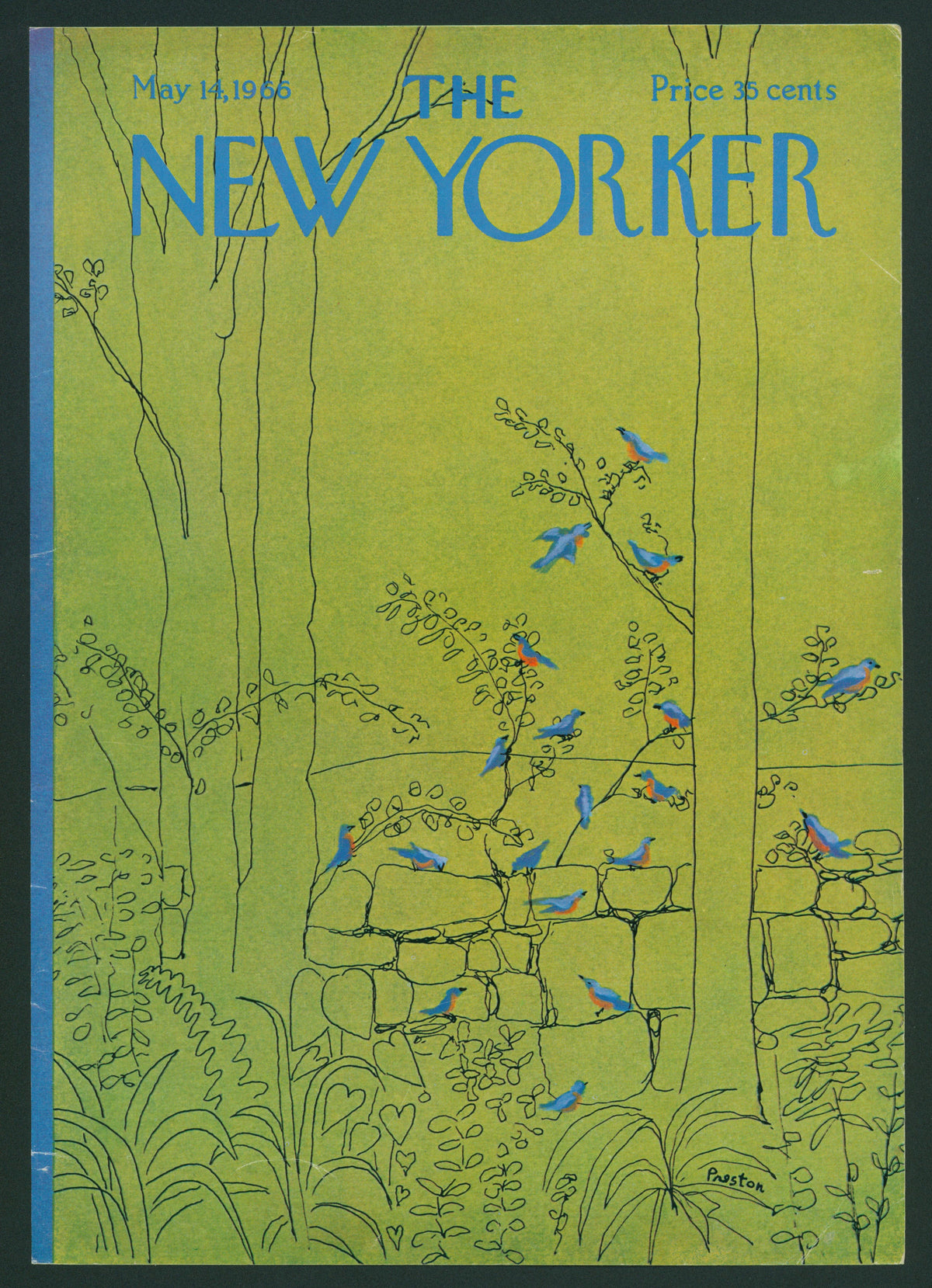Spring Bluebirds- The New Yorker - Authentic Vintage Antique Print