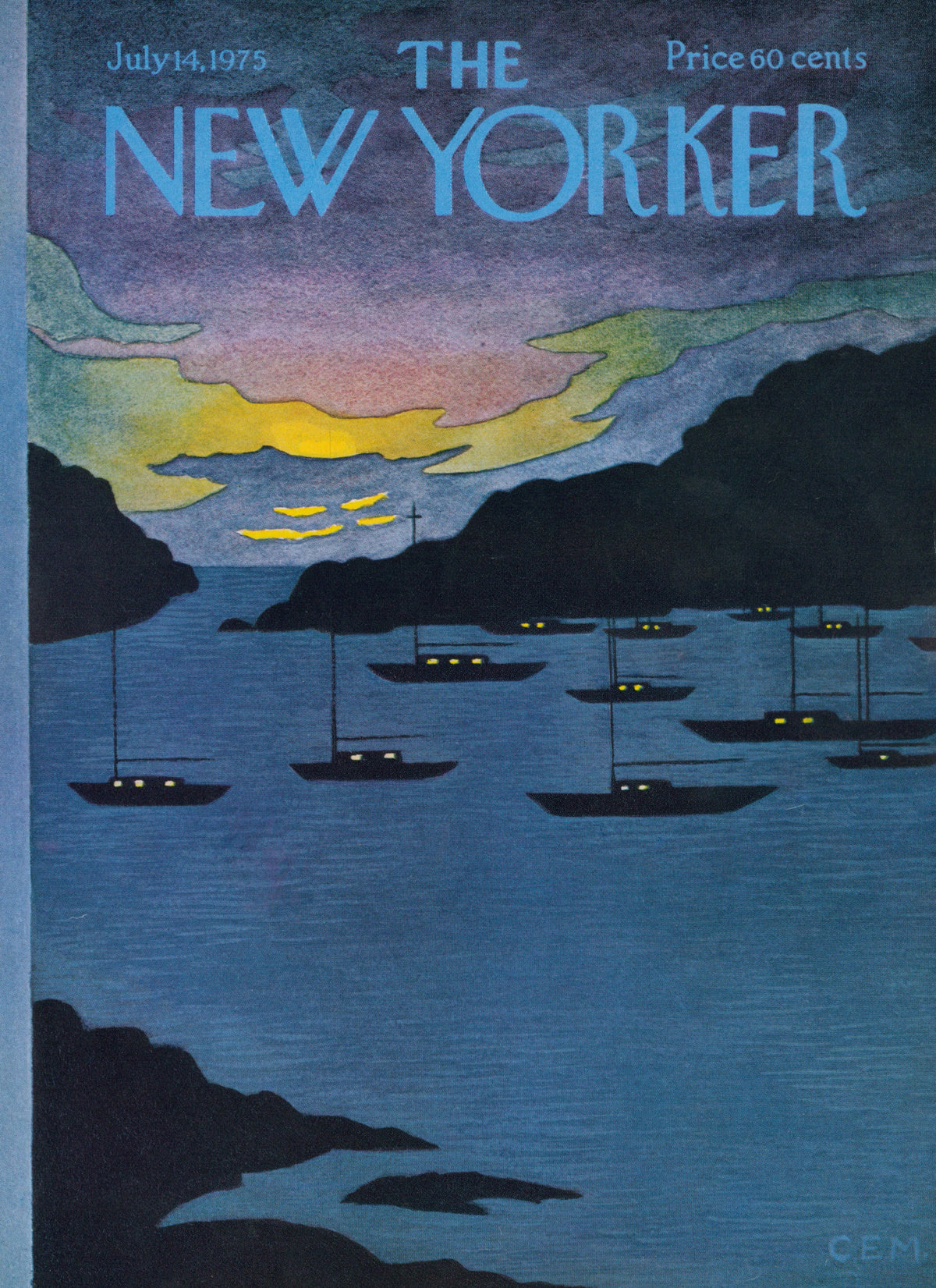 Sunset Ships- The New Yorker - Authentic Vintage Antique Print