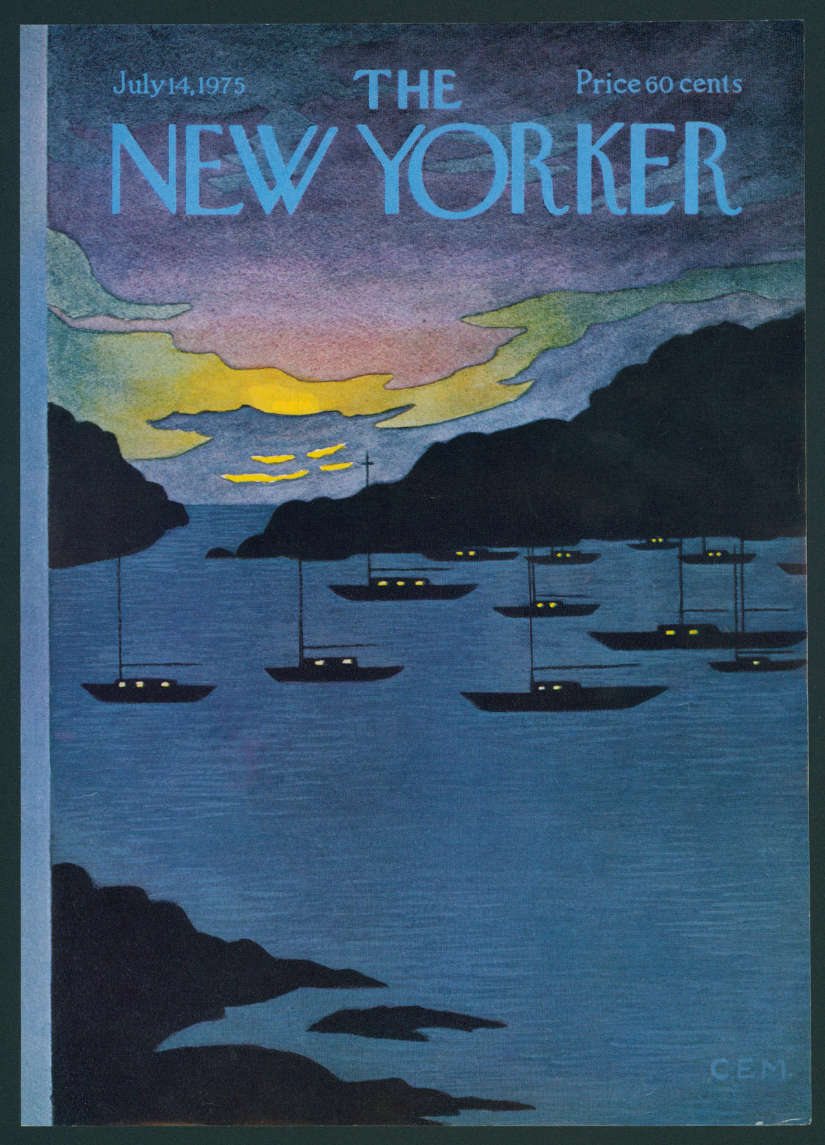 Sunset Ships- The New Yorker - Authentic Vintage Antique Print