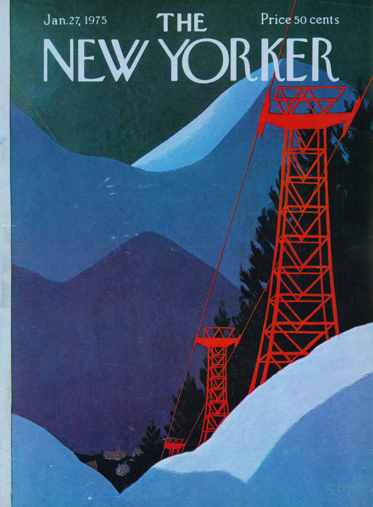 Ski Lift- The New Yorker - Authentic Vintage Antique Print
