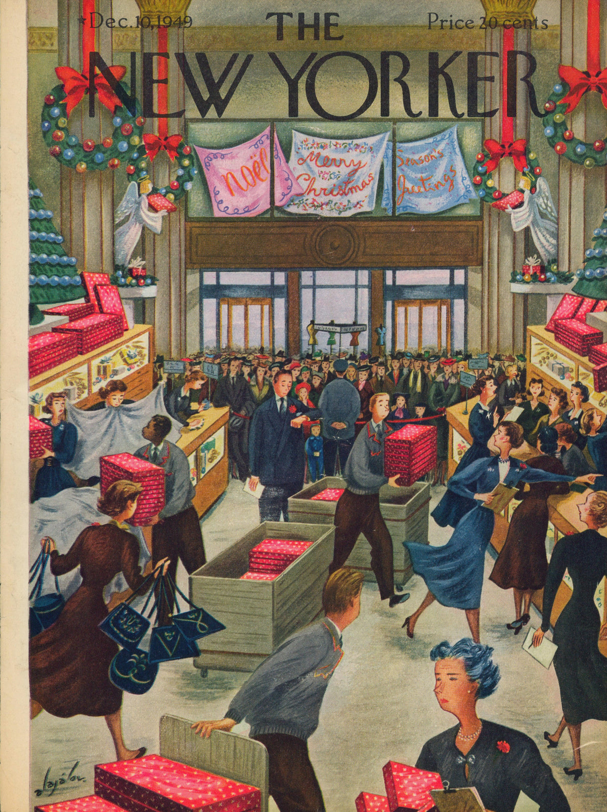 Christmas at the Station- The New Yorker - Authentic Vintage Antique Print