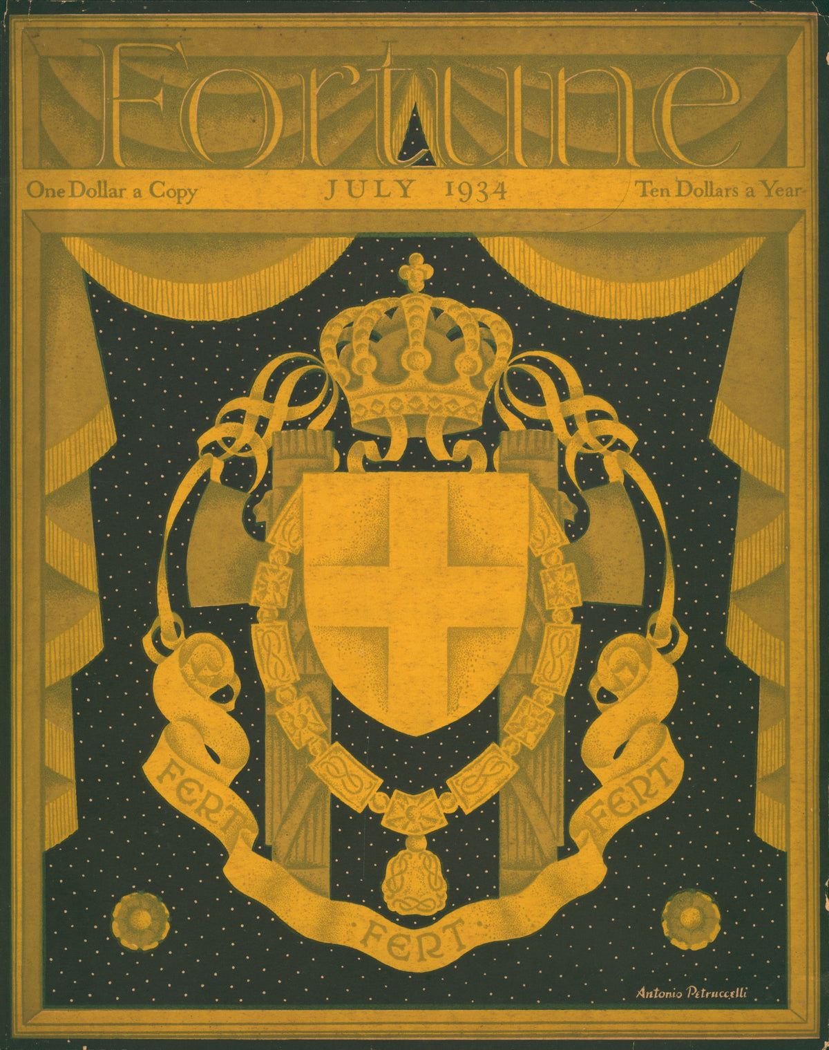7 Fortune Magazines - 6 (Yellow Crest) - Authentic Vintage Antique Print