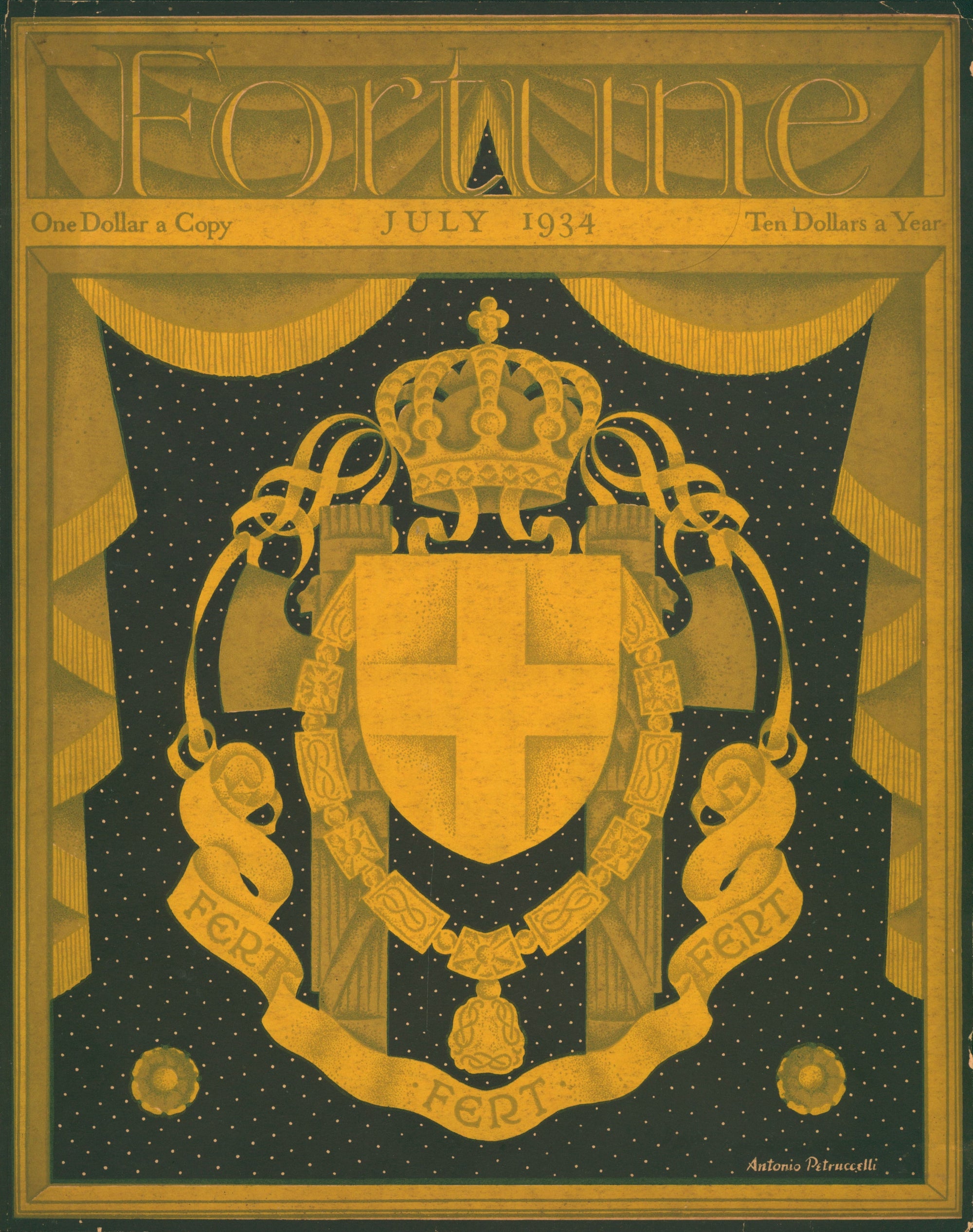 7 Fortune Magazines - 6 (Yellow Crest) - Authentic Vintage Antique Print