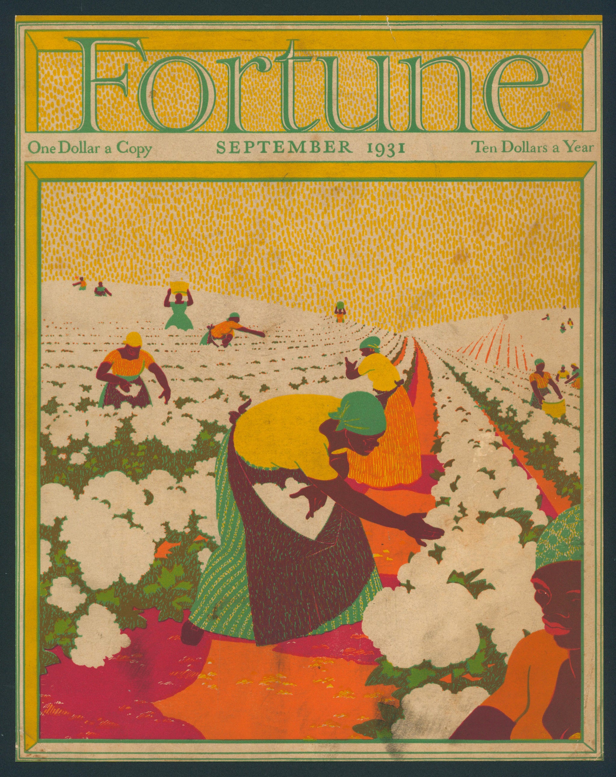Authentic Vintage Antique Print | Cotton Fields- Fortune Magazine