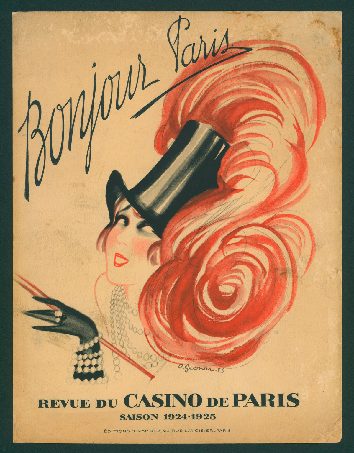 Bonjour Paris- Cover Page - Authentic Vintage Antique Print