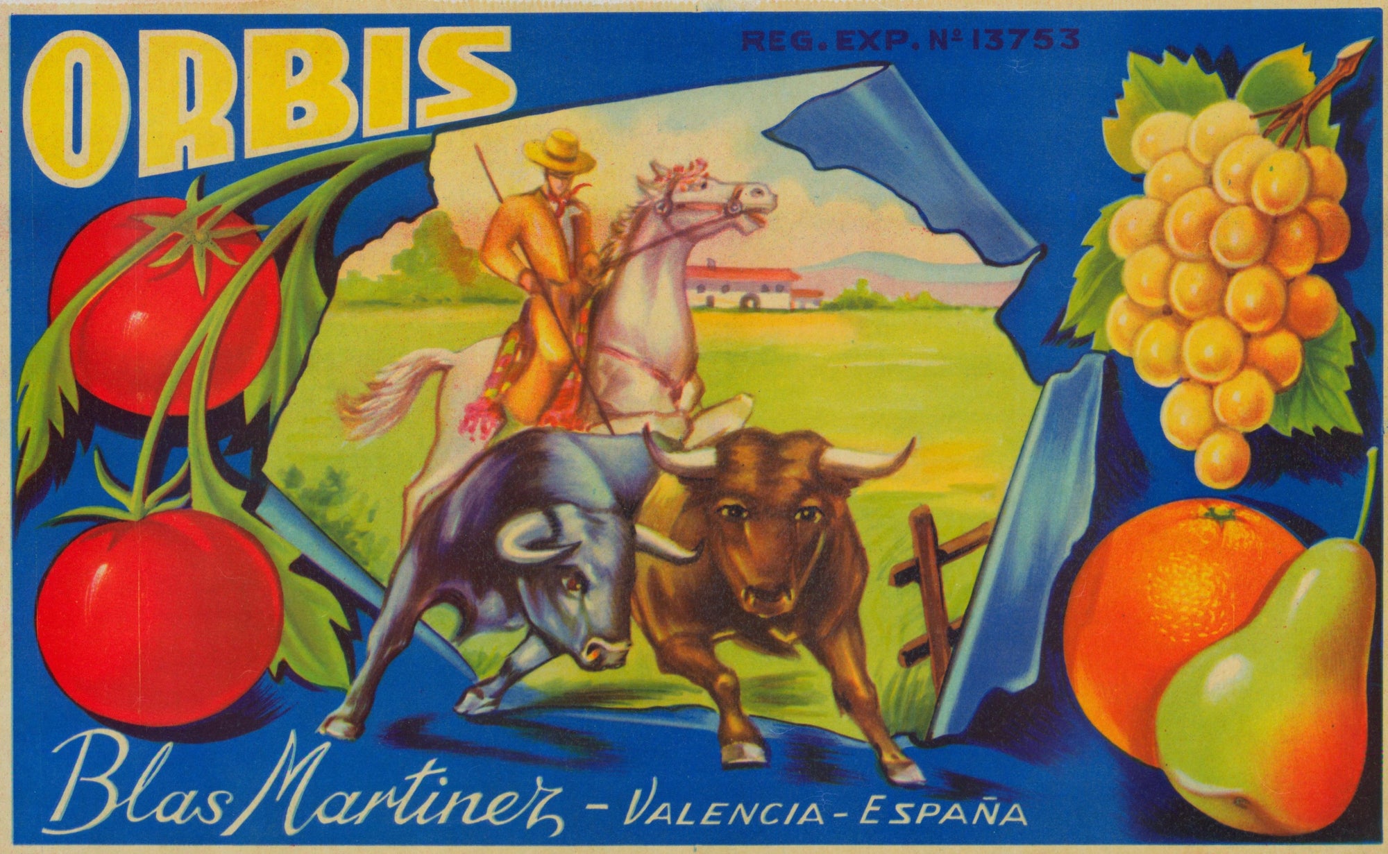Orbis Bulls- Spanish Crate Label - Authentic Vintage Antique Print