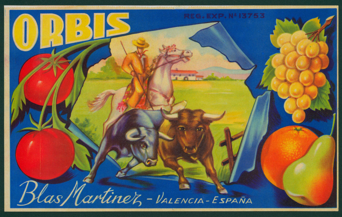Orbis Bulls- Spanish Crate Label - Authentic Vintage Antique Print