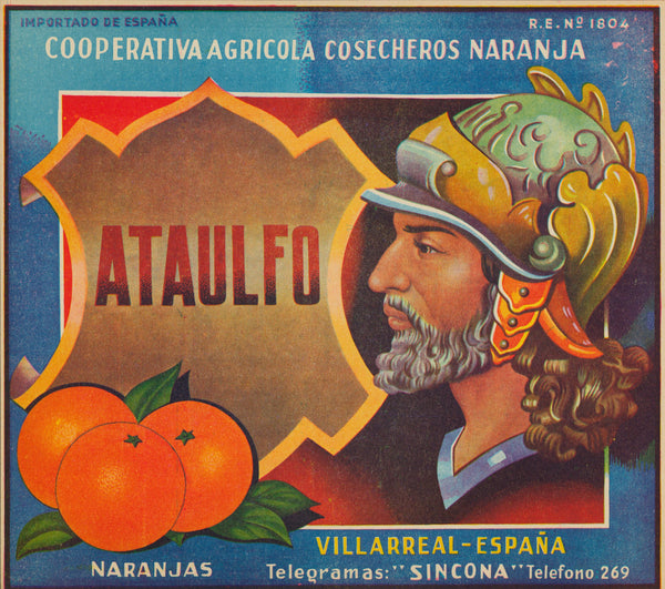 Gladiator Ataulfo- Spanish Crate Label - Authentic Vintage Product Label