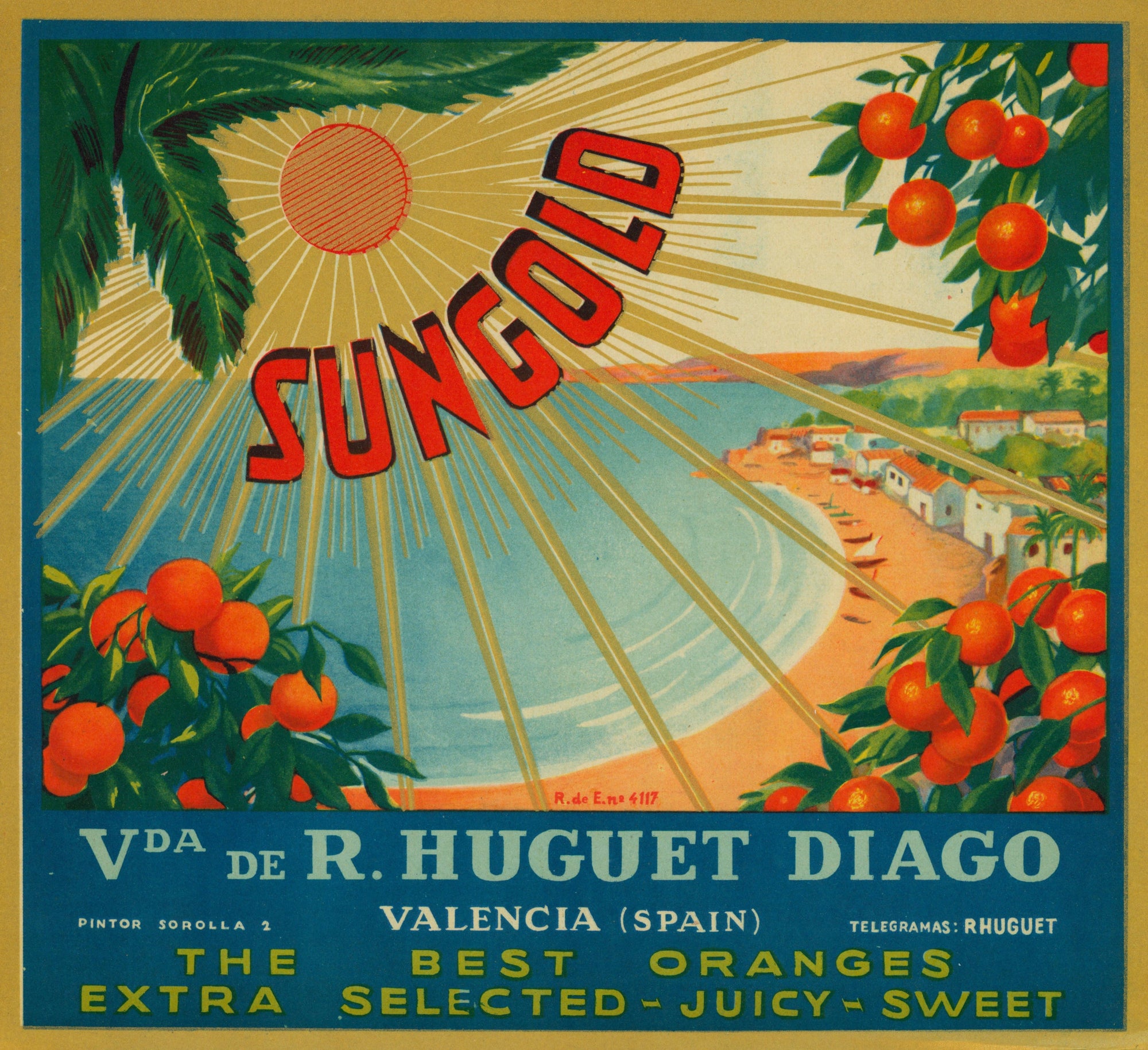 Sungold- Spanish Crate Label - Authentic Vintage Antique Print