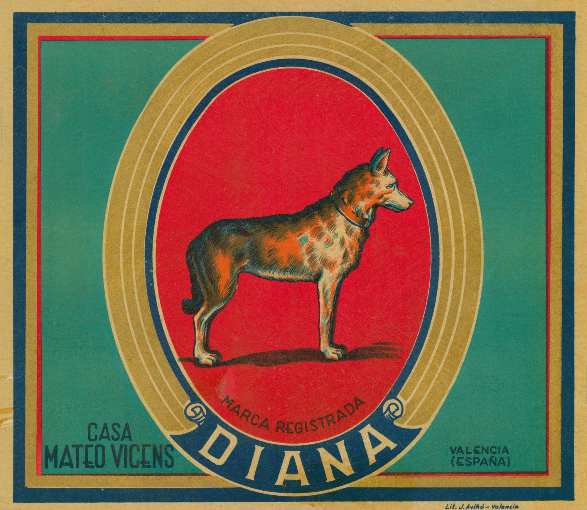 Diana Dog- Spanish Crate Label - Authentic Vintage Antique Print