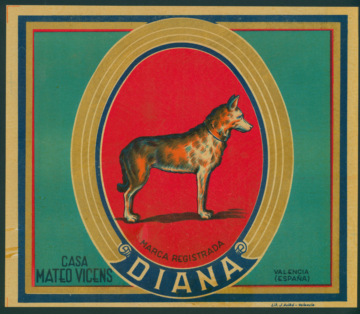 Diana Dog- Spanish Crate Label - Authentic Vintage Antique Print