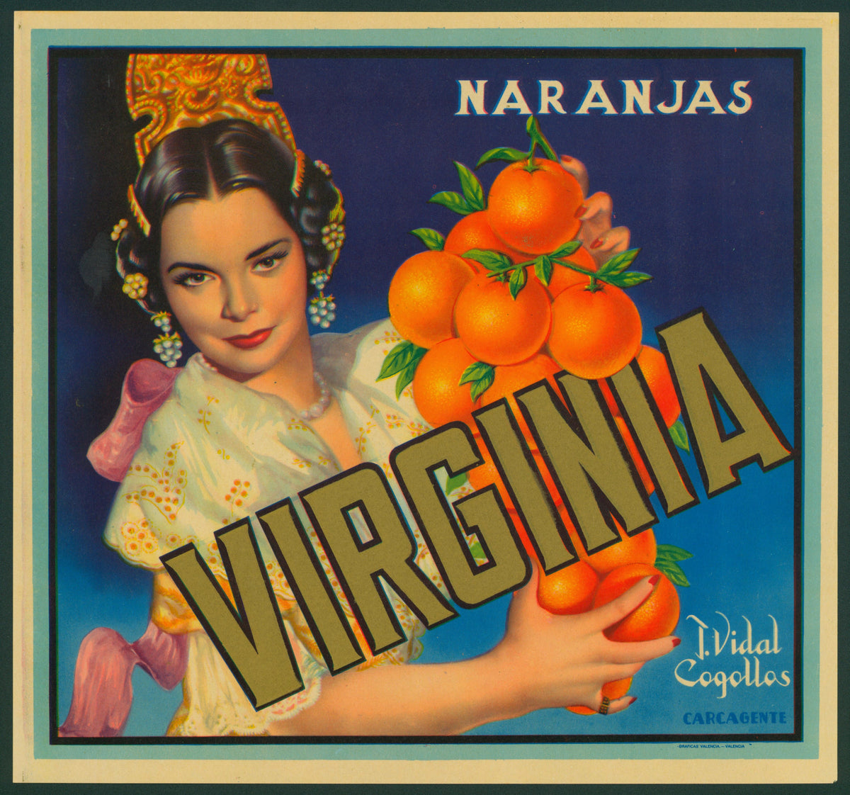 Naranjas Virginia- Spanish Crate Label - Authentic Vintage Antique Print