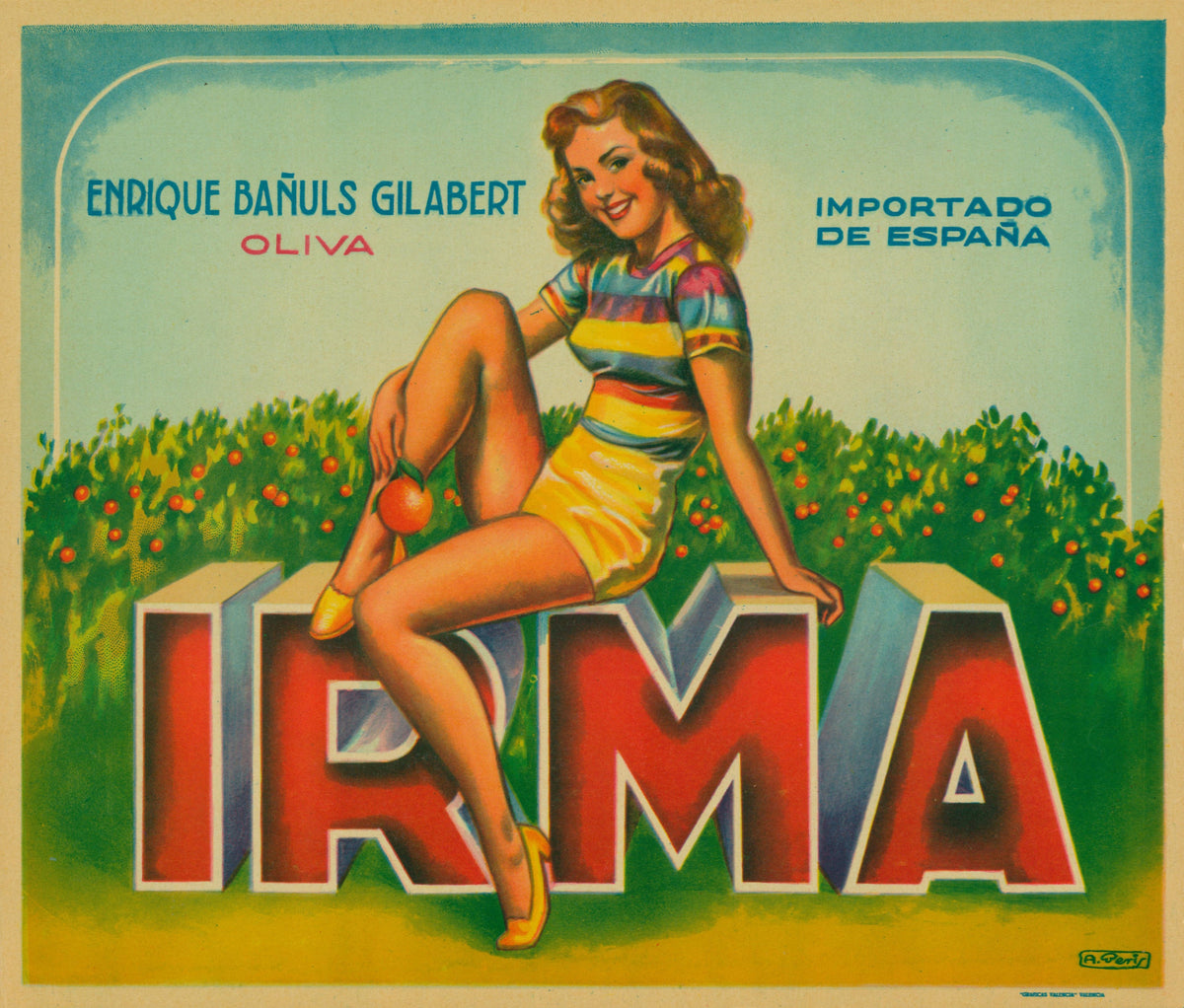 Irma Oranges- Spanish Crate Label - Authentic Vintage Antique Print