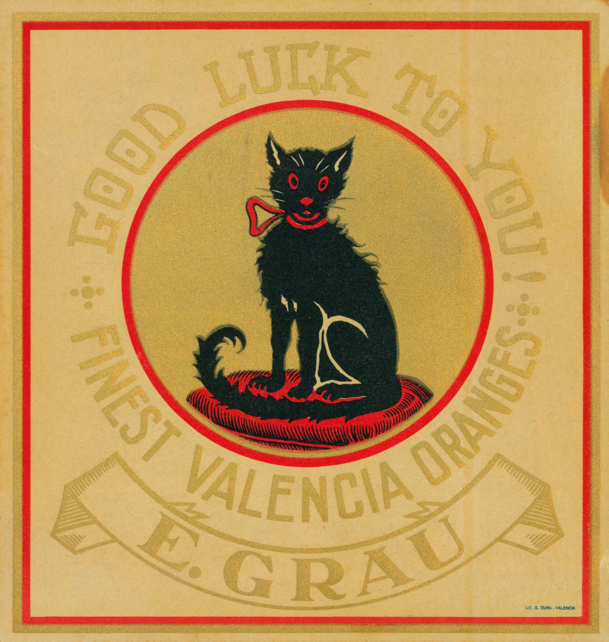 Good Luck Cat- Spanish Crate Label - Authentic Vintage Antique Print
