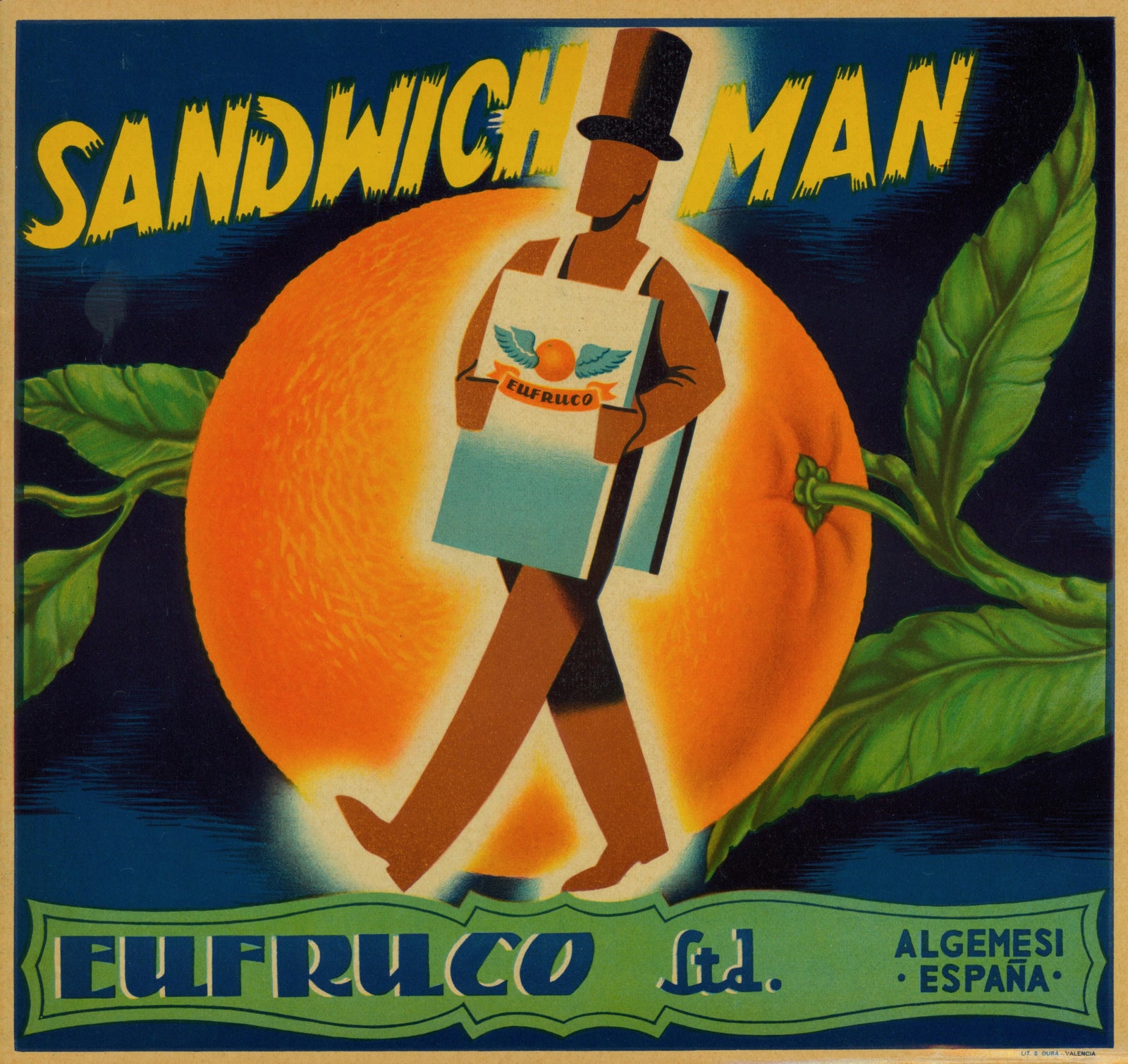 Sandwich Man- Spanish Crate Label - Authentic Vintage Antique Print