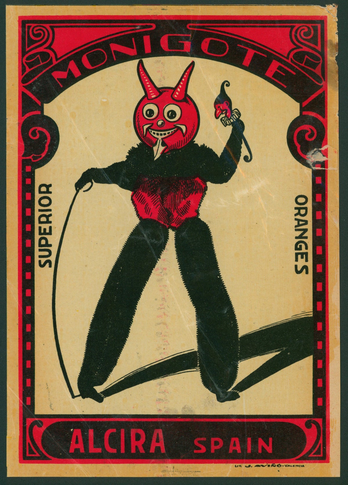 Monigote Devil- Spanish Crate Label - Authentic Vintage Antique Print