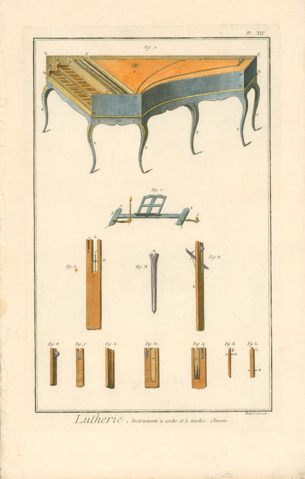 Plucked String Instrument- Hand Colored Engraving - Authentic Vintage Antique Print