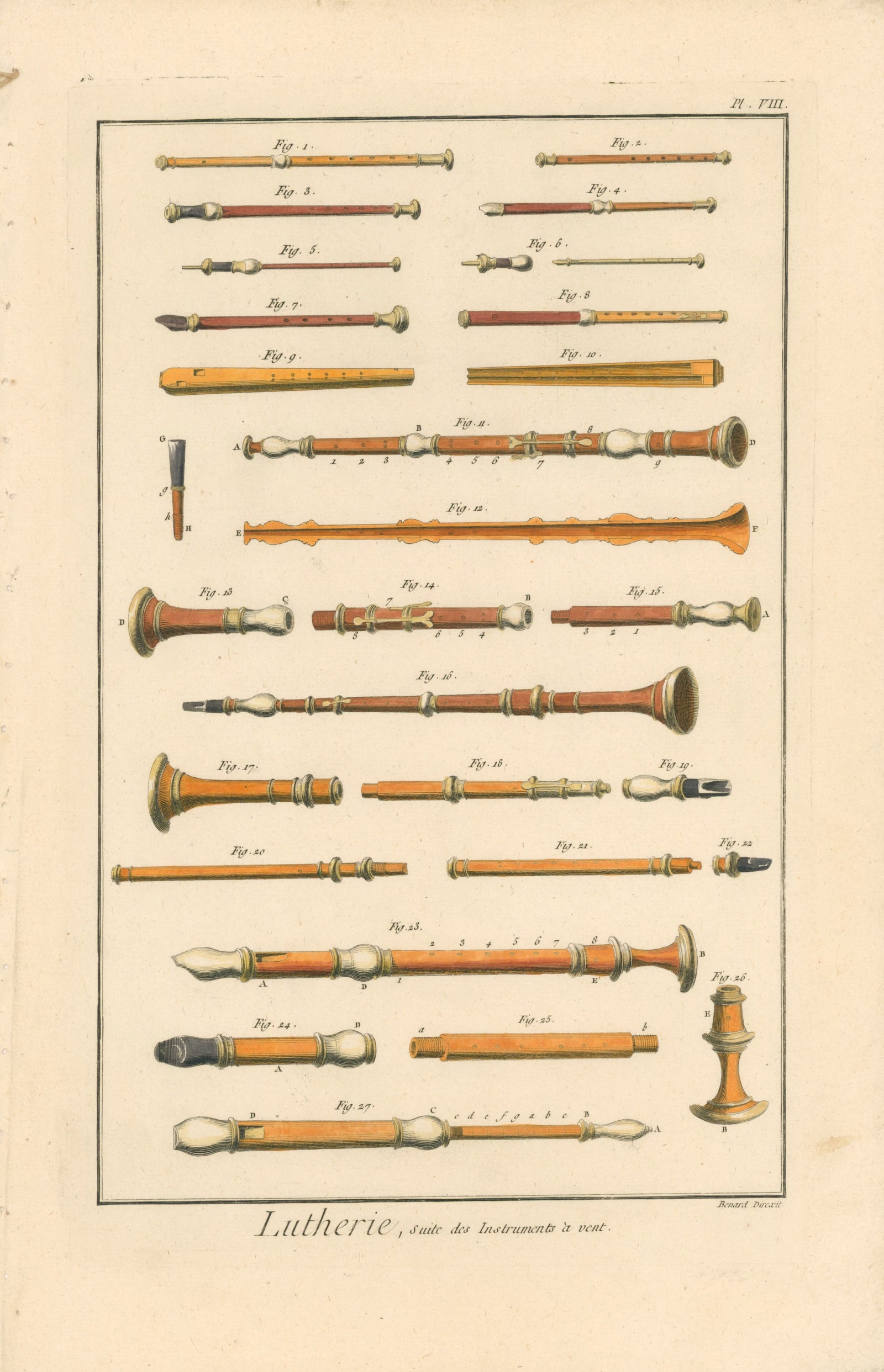 Woodwind Instrument- Hand Colored Engraving - Authentic Vintage Antique Print