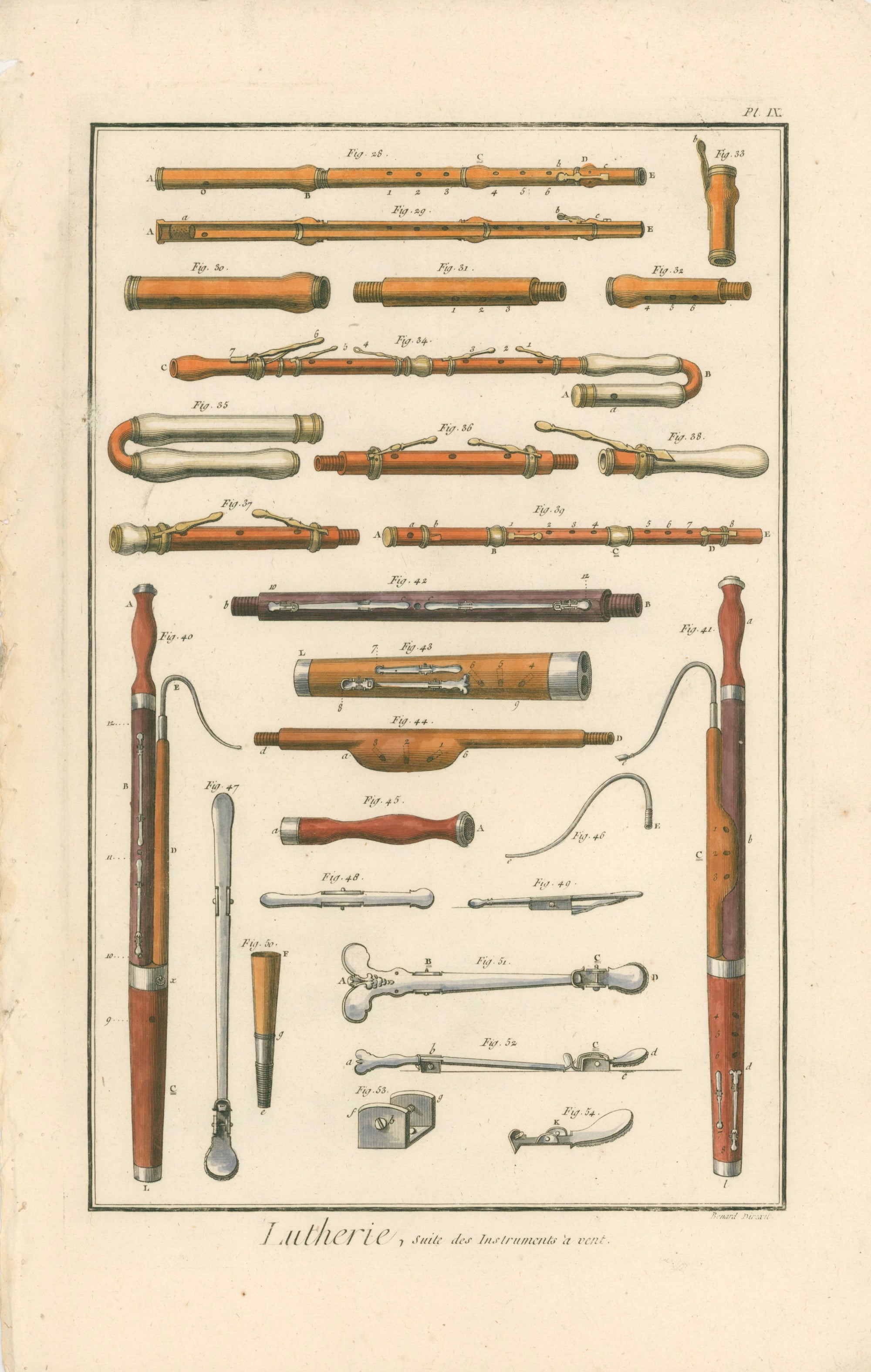Wind Instruments- Hand Colored Engraving - Authentic Vintage Antique Print