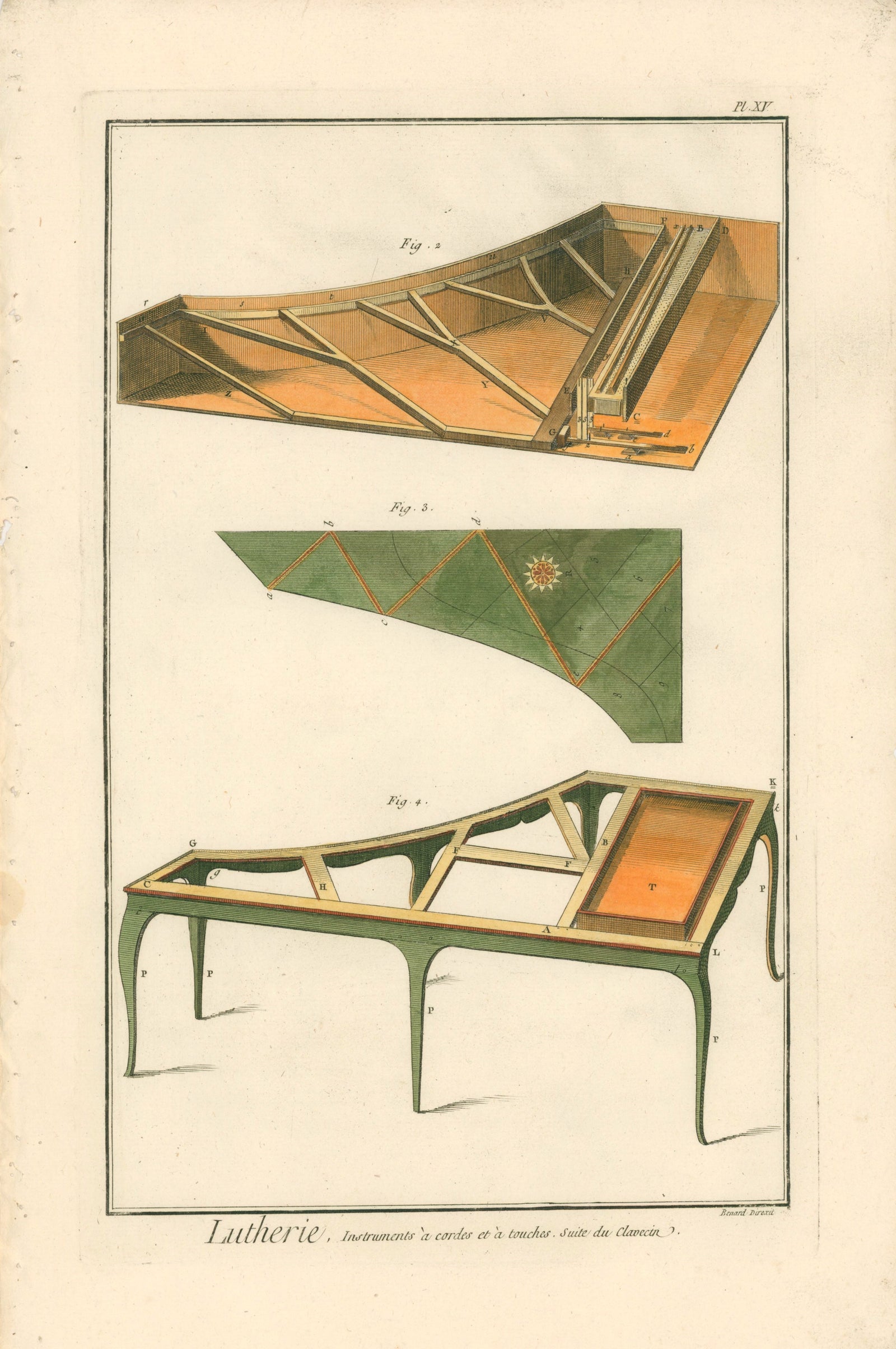 Plucked String, Green- Hand Colored Engraving - Authentic Vintage Antique Print