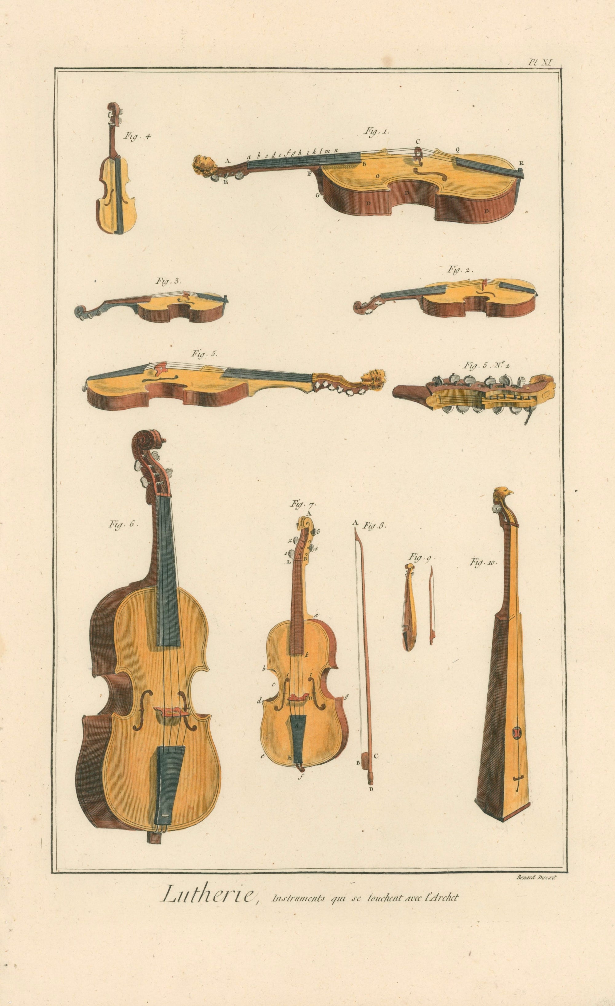 Bowstring Instruments- Hand Colored Engraving - Authentic Vintage Antique Print