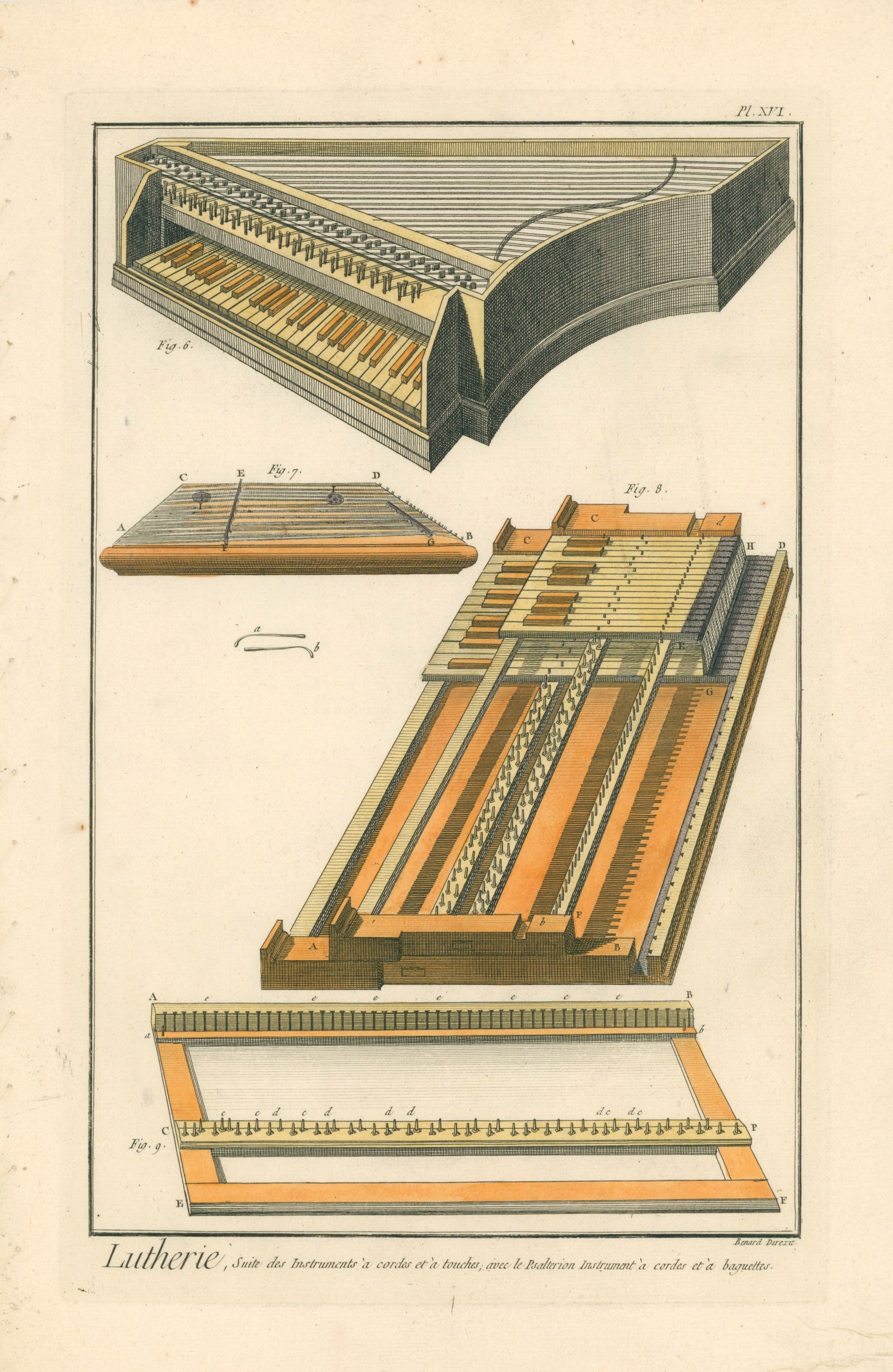 Plucked String, Harpsichord- Hand Colored Engraving - Authentic Vintage Antique Print