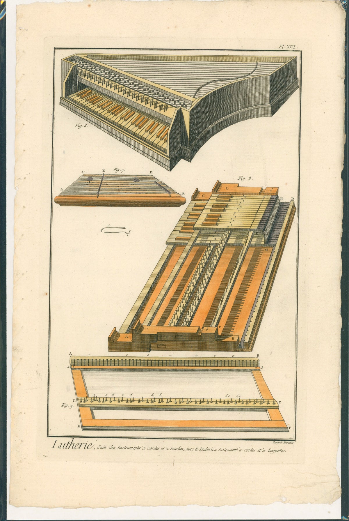 Plucked String, Harpsichord- Hand Colored Engraving