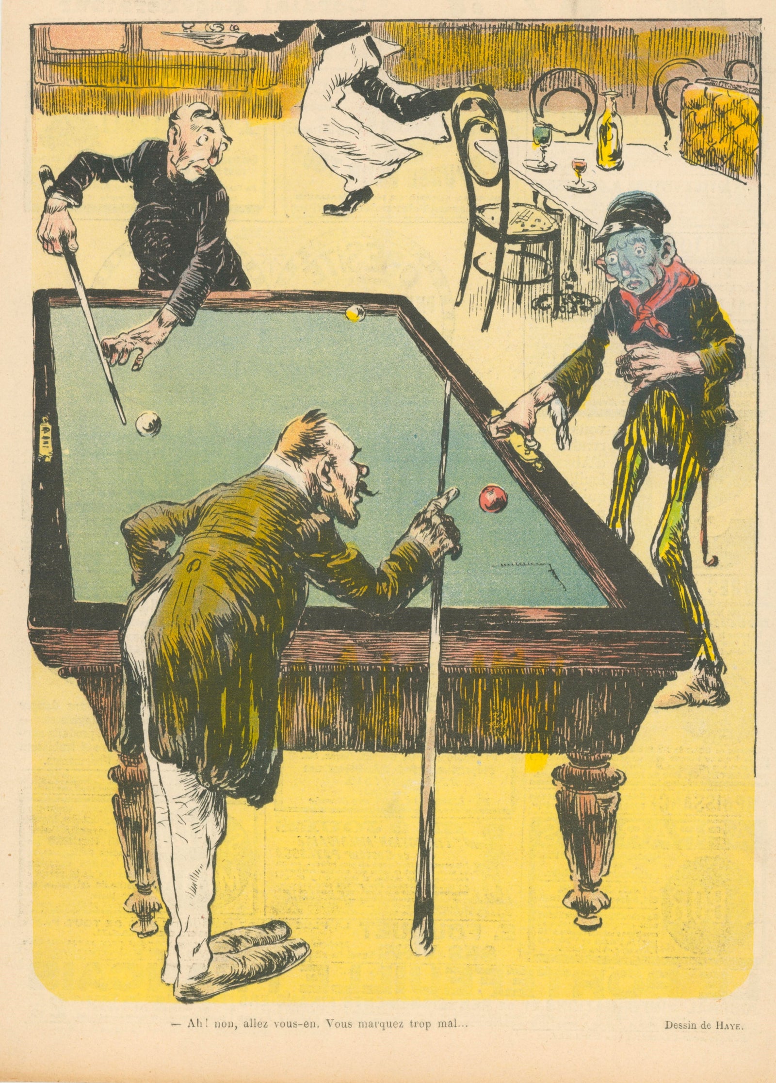 Playing Pool- French Satirical Comic - Authentic Vintage Antique Print