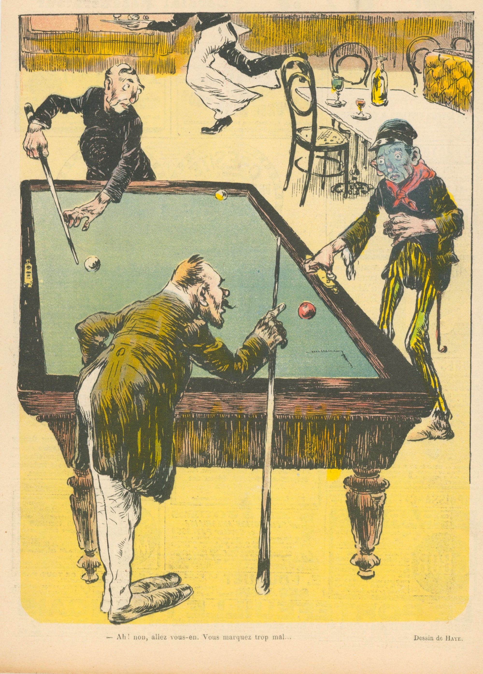 Playing Pool- French Satirical Comic - Authentic Vintage Antique Print