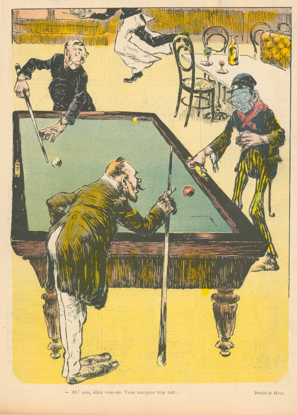 Playing Pool- French Satirical Comic - Authentic Vintage Antique Print