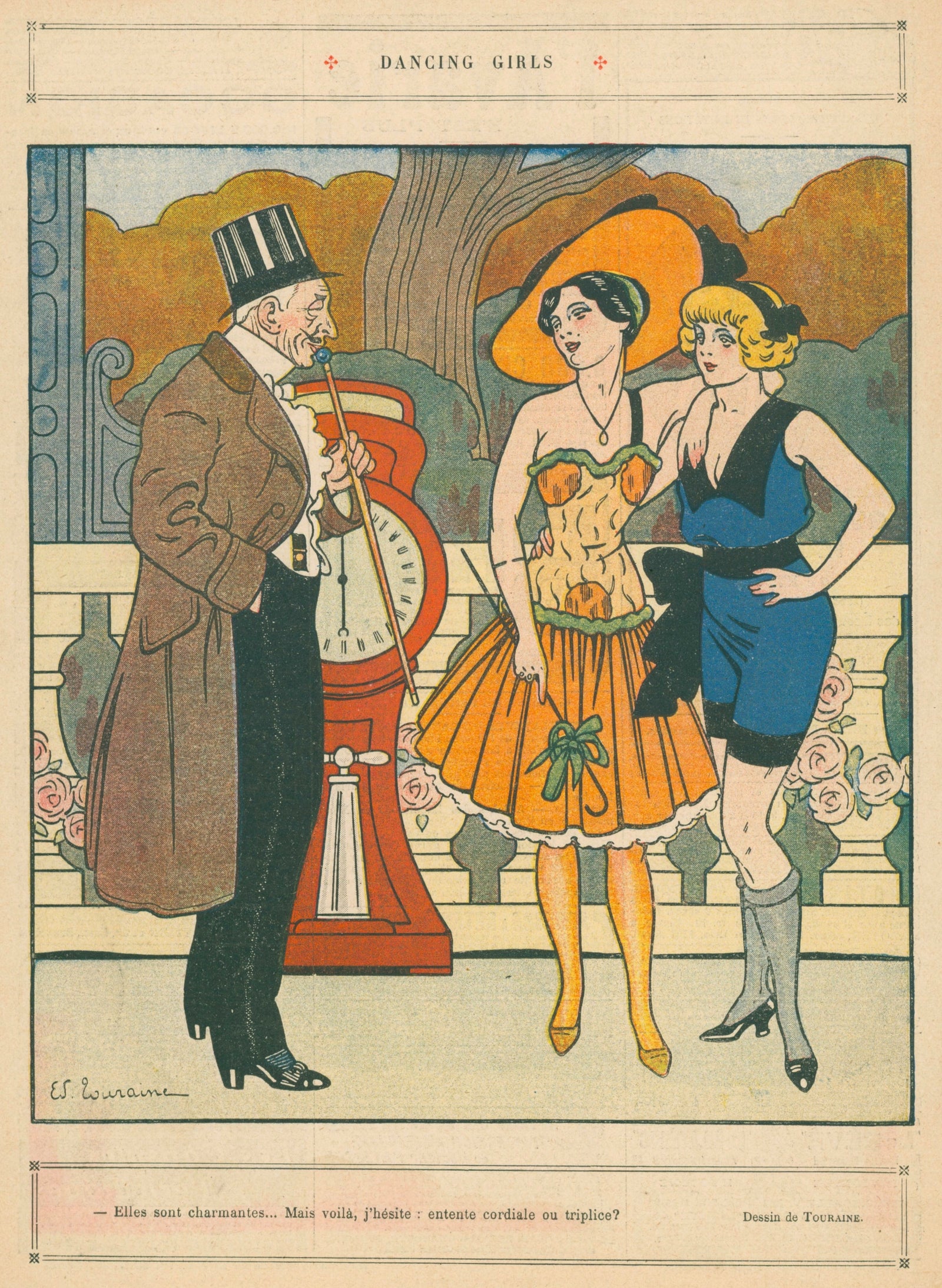 Dancing Girls- French Satirical Comic - Authentic Vintage Antique Print