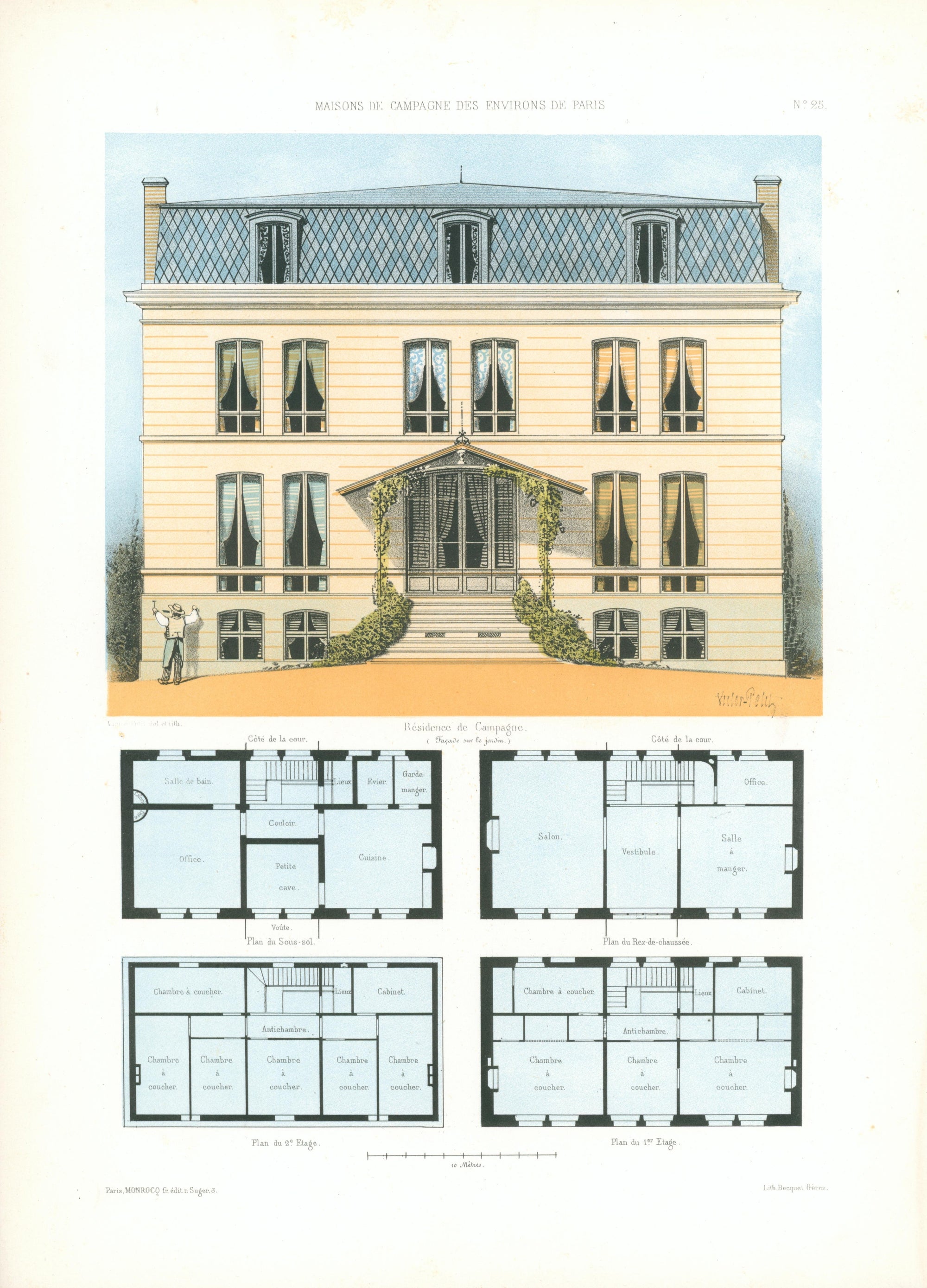 Maisons de Campagne- French Architectural Plan, NO.25 - Authentic Vintage Antique Print